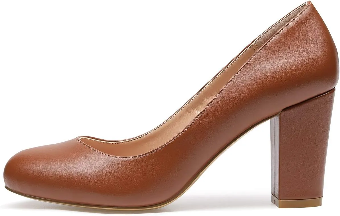 Castamere Women's High Heels Round Toe Slip-On Pumps Block Heel 8CM