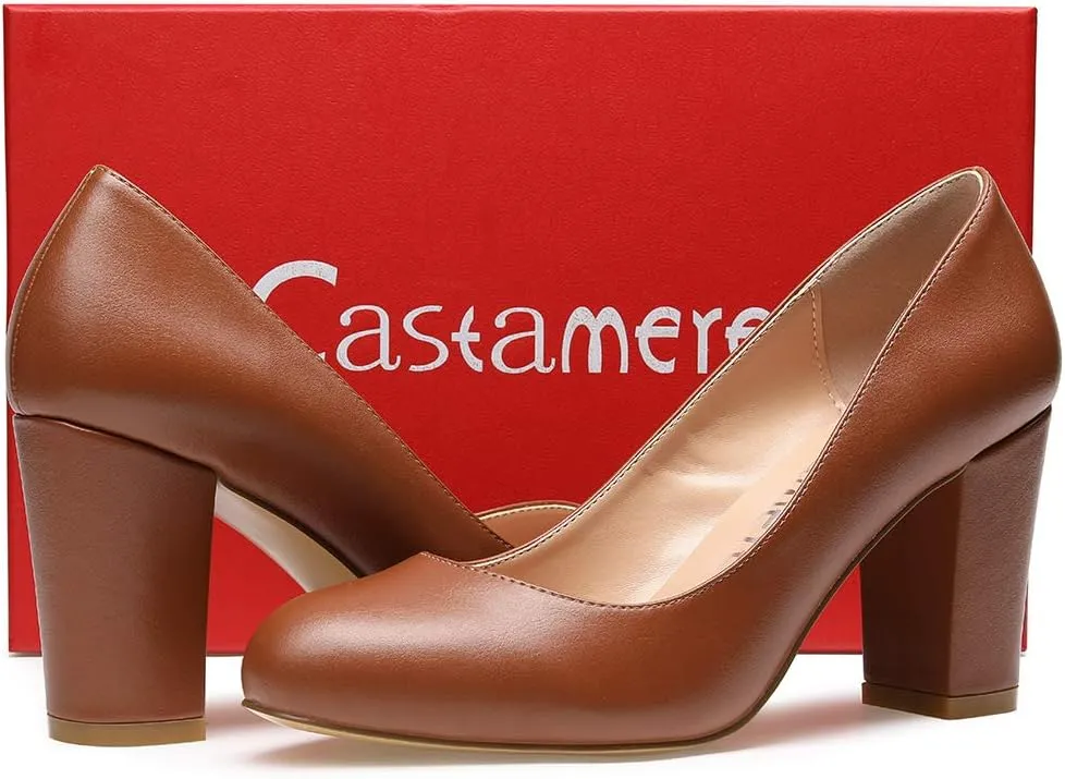 Castamere Women's High Heels Round Toe Slip-On Pumps Block Heel 8CM