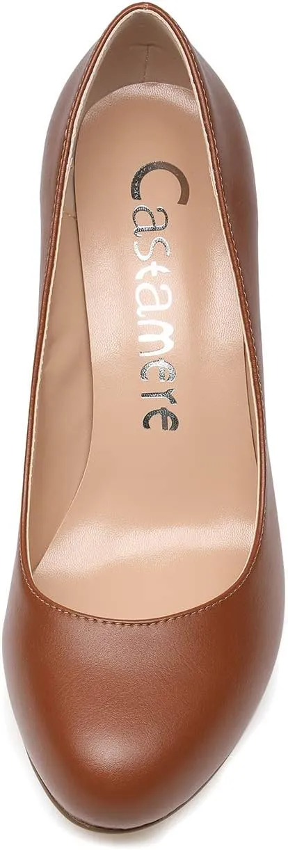 Castamere Women's High Heels Round Toe Slip-On Pumps Block Heel 8CM