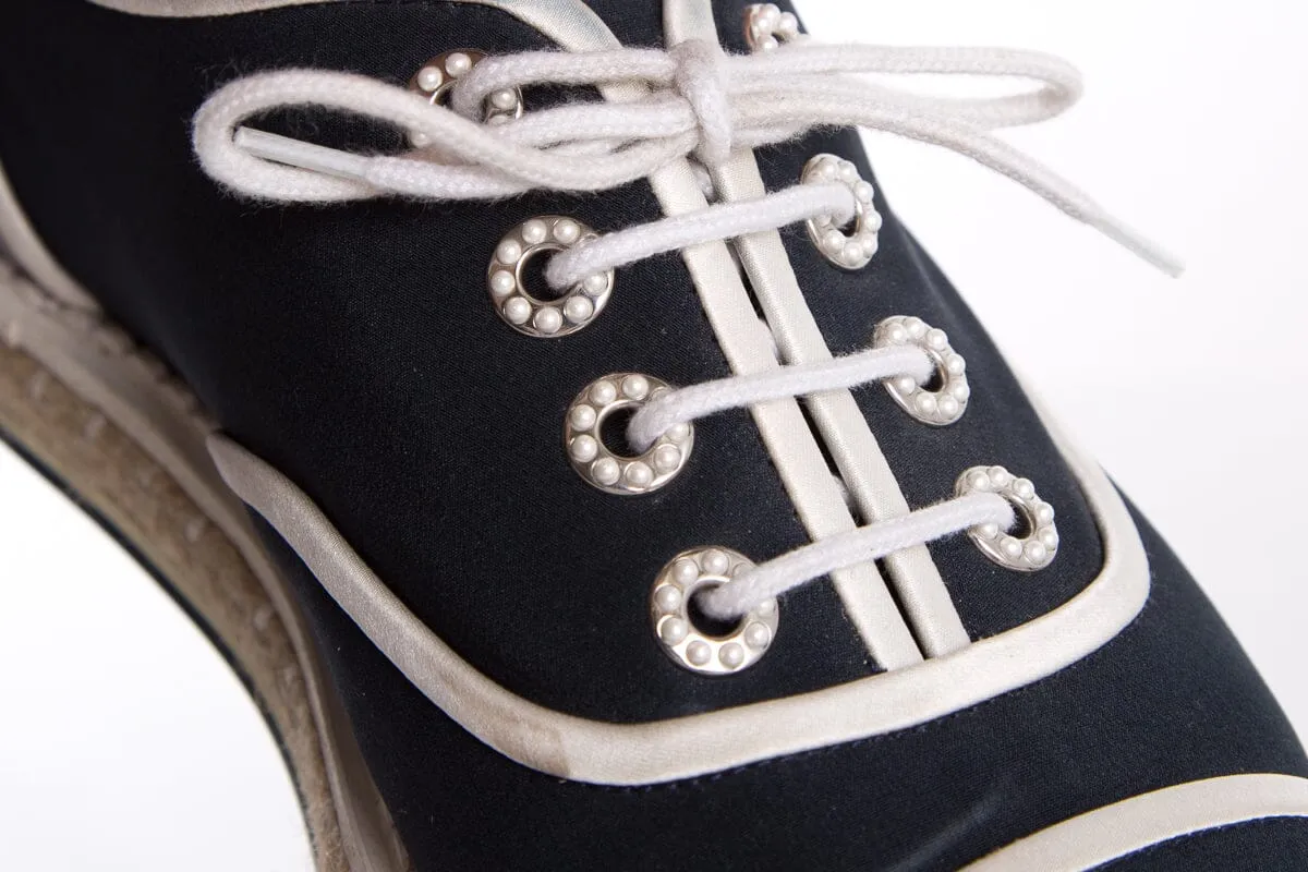 Chanel Navy Satin 2016 Interlocking CC Logo Espadrille Sneakers SZ 39.5