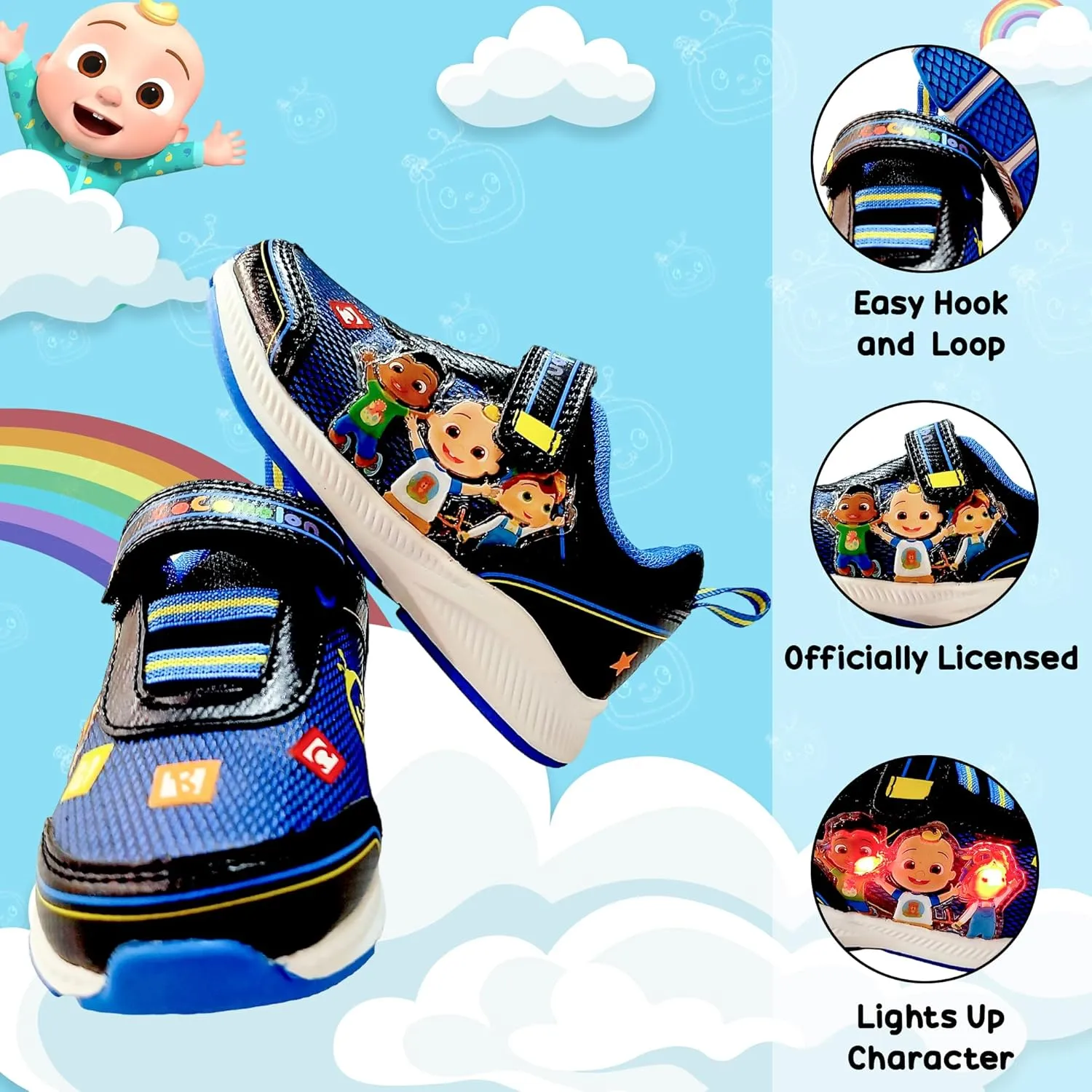 Cocomelon Boy's Lighted Athletic Sneaker Light Up Shoes Children W/Adjustable Strap
