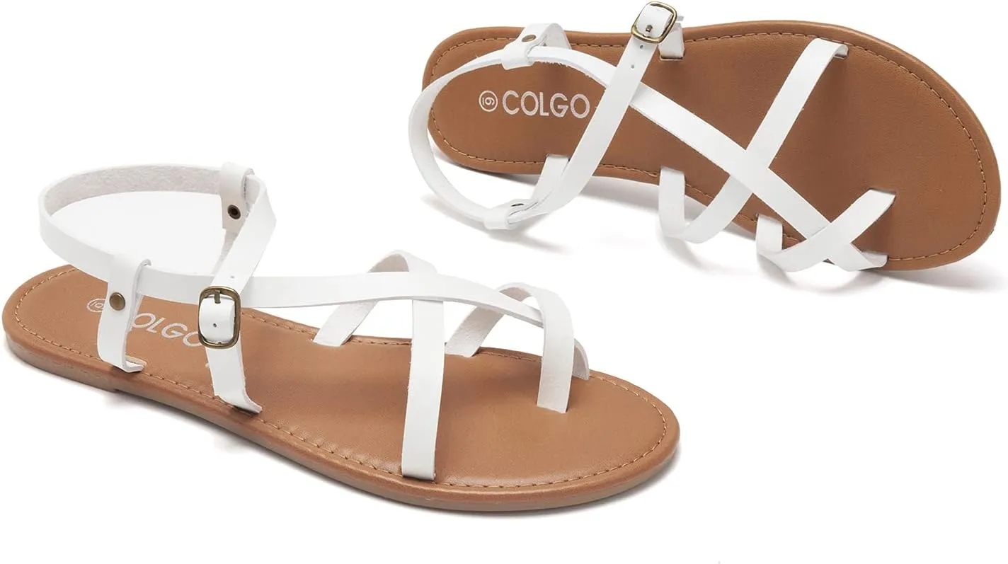Colgo Women's Summer Strappy Flat Sandals, Adjustable Casual Fisherman Sandal with Open Toe Slingback Gladiator Sandals