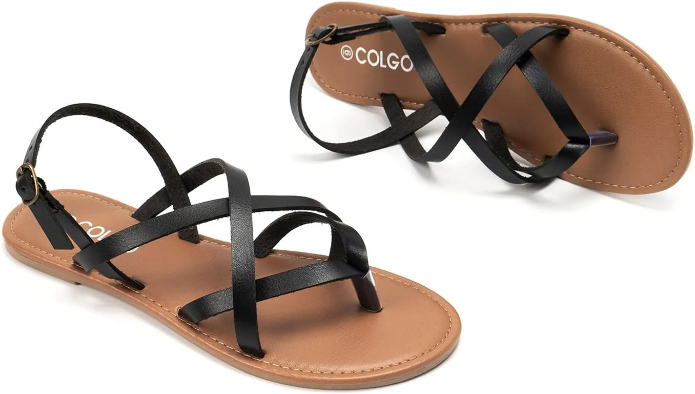 Colgo Women's Summer Strappy Flat Sandals, Adjustable Casual Fisherman Sandal with Open Toe Slingback Gladiator Sandals