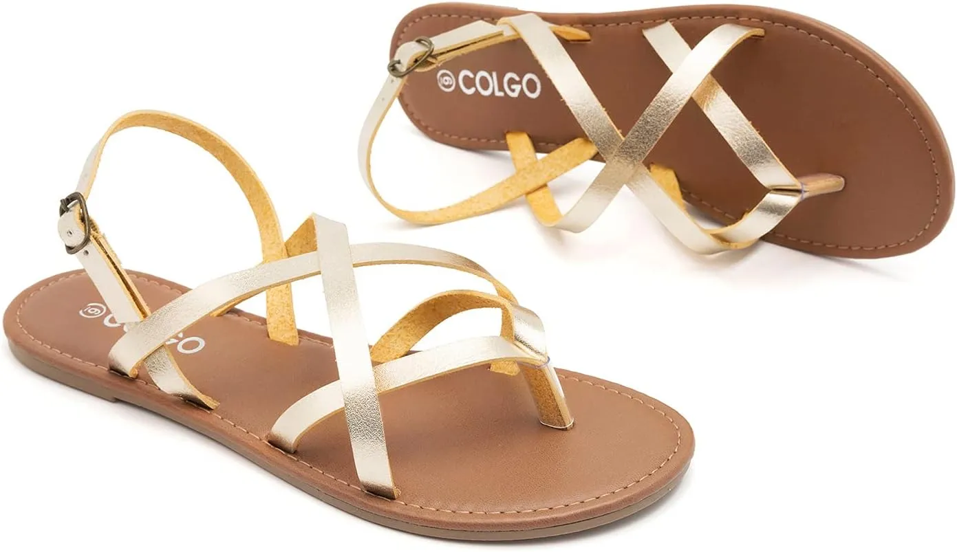 Colgo Women's Summer Strappy Flat Sandals, Adjustable Casual Fisherman Sandal with Open Toe Slingback Gladiator Sandals