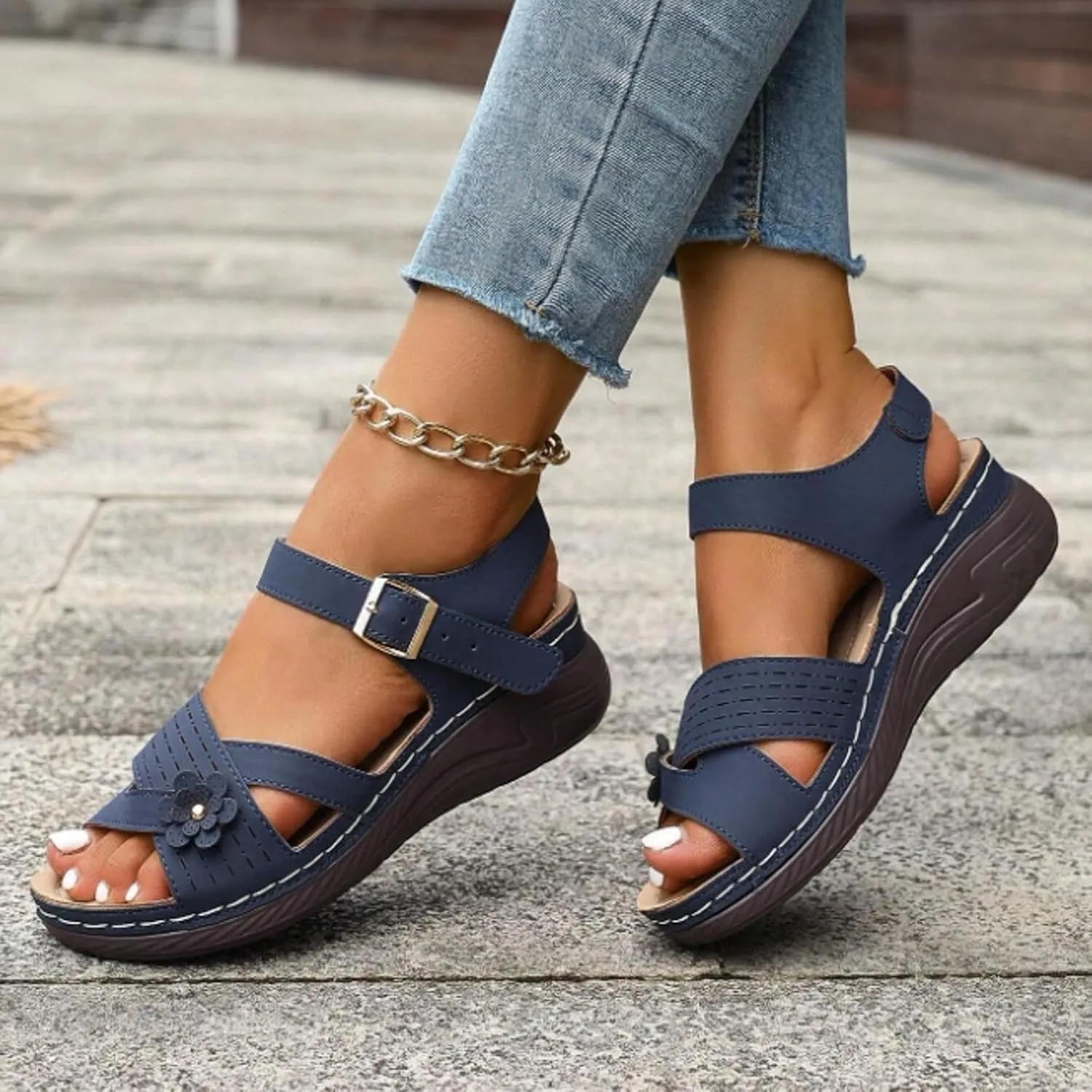 Comfortable Arch Support Slides Women's Slip On Solid Sandals Breathable Summer Orthotic Platform Wedge Sandals for Women
