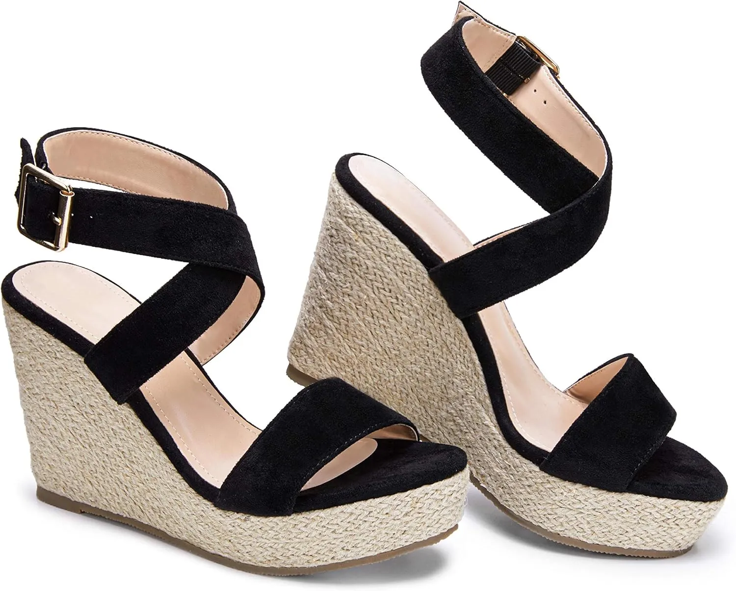 Coutgo Women's Wedge Sandals Cross Strap Espadrille Platform Ankle Buckle Summer Casual Shoes