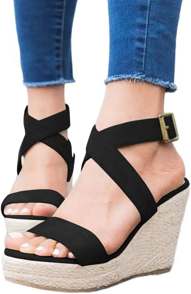 Coutgo Women's Wedge Sandals Cross Strap Espadrille Platform Ankle Buckle Summer Casual Shoes