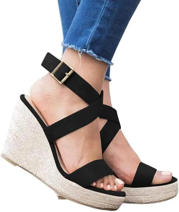 Coutgo Women's Wedge Sandals Cross Strap Espadrille Platform Ankle Buckle Summer Casual Shoes