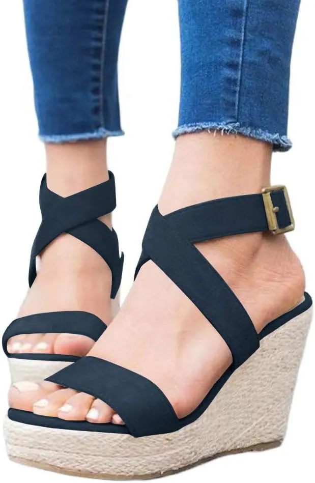 Coutgo Women's Wedge Sandals Cross Strap Espadrille Platform Ankle Buckle Summer Casual Shoes