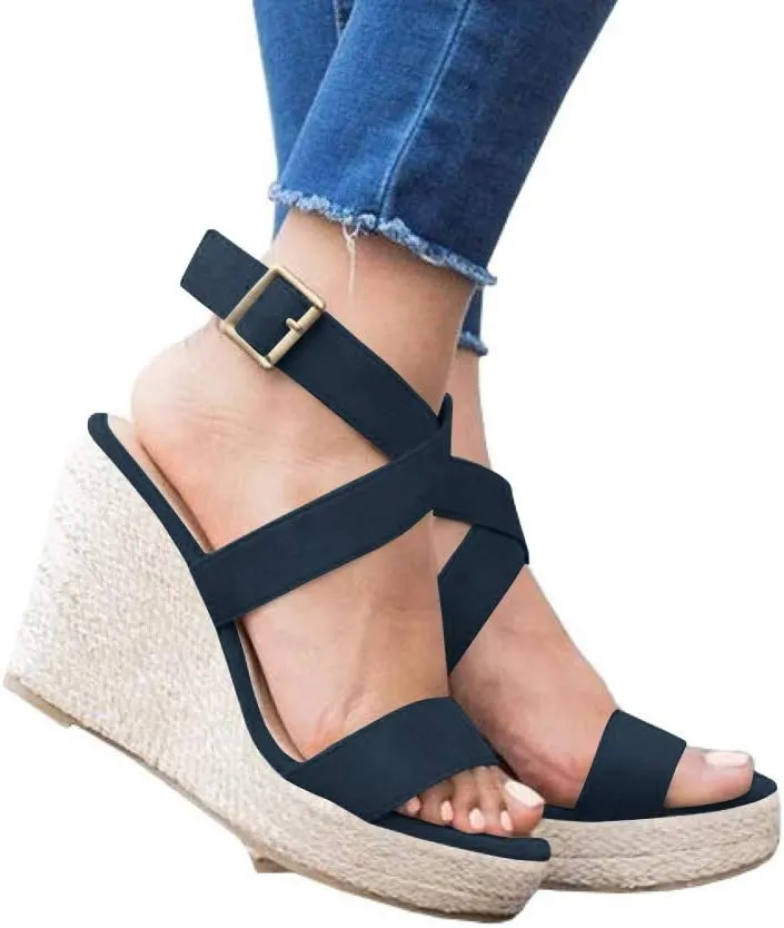 Coutgo Women's Wedge Sandals Cross Strap Espadrille Platform Ankle Buckle Summer Casual Shoes