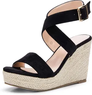 Coutgo Women's Wedge Sandals Cross Strap Espadrille Platform Ankle Buckle Summer Casual Shoes