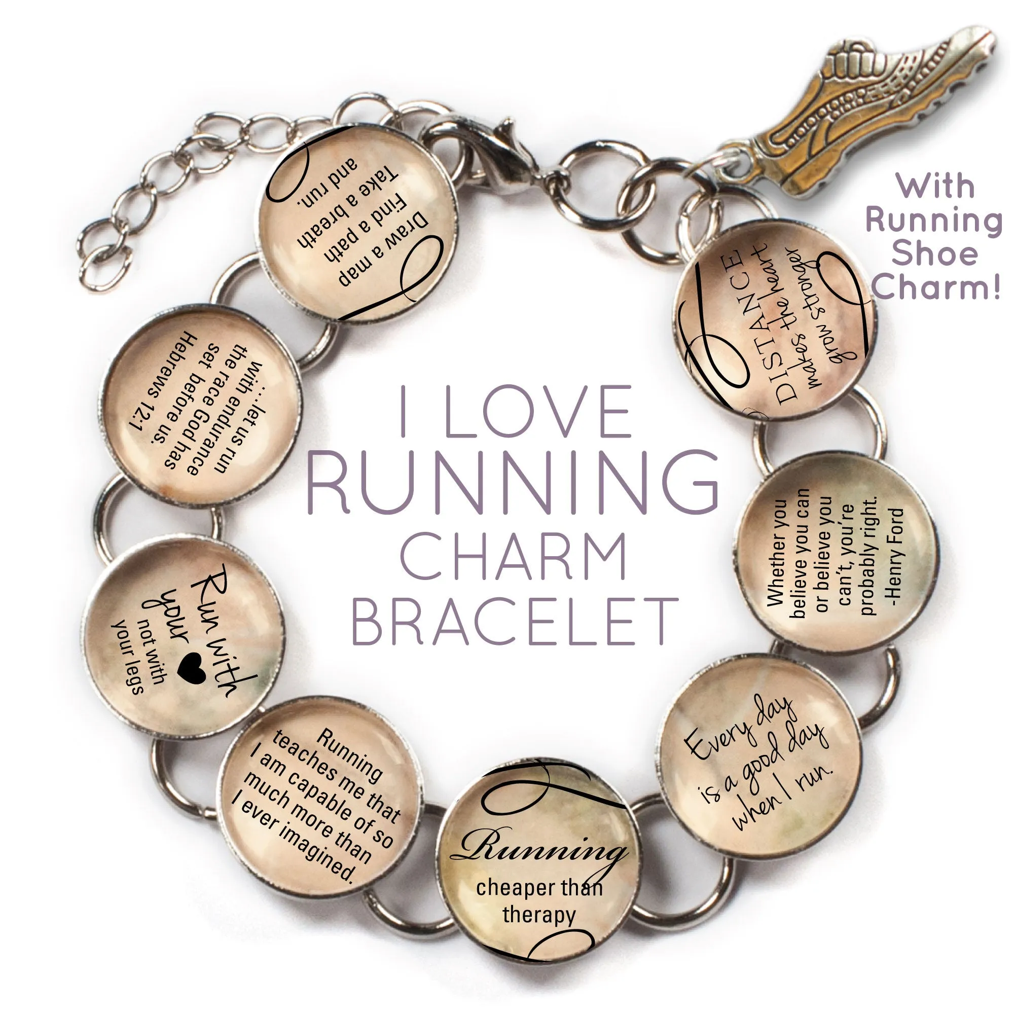Custom Running Glass Charm Bracelet - Marathon, Half-Marathon, or Running Shoe Charm Included