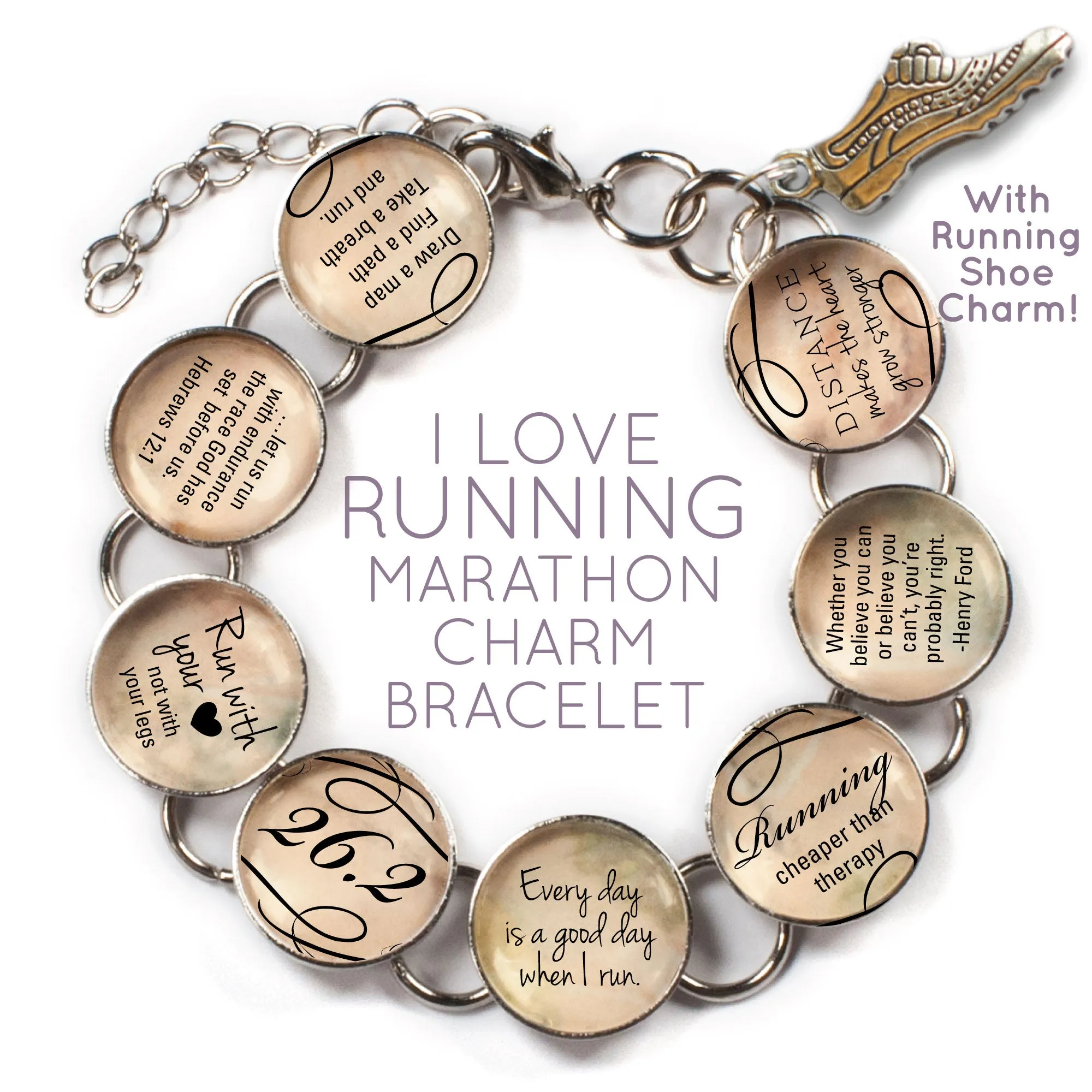 Custom Running Glass Charm Bracelet - Marathon, Half-Marathon, or Running Shoe Charm Included