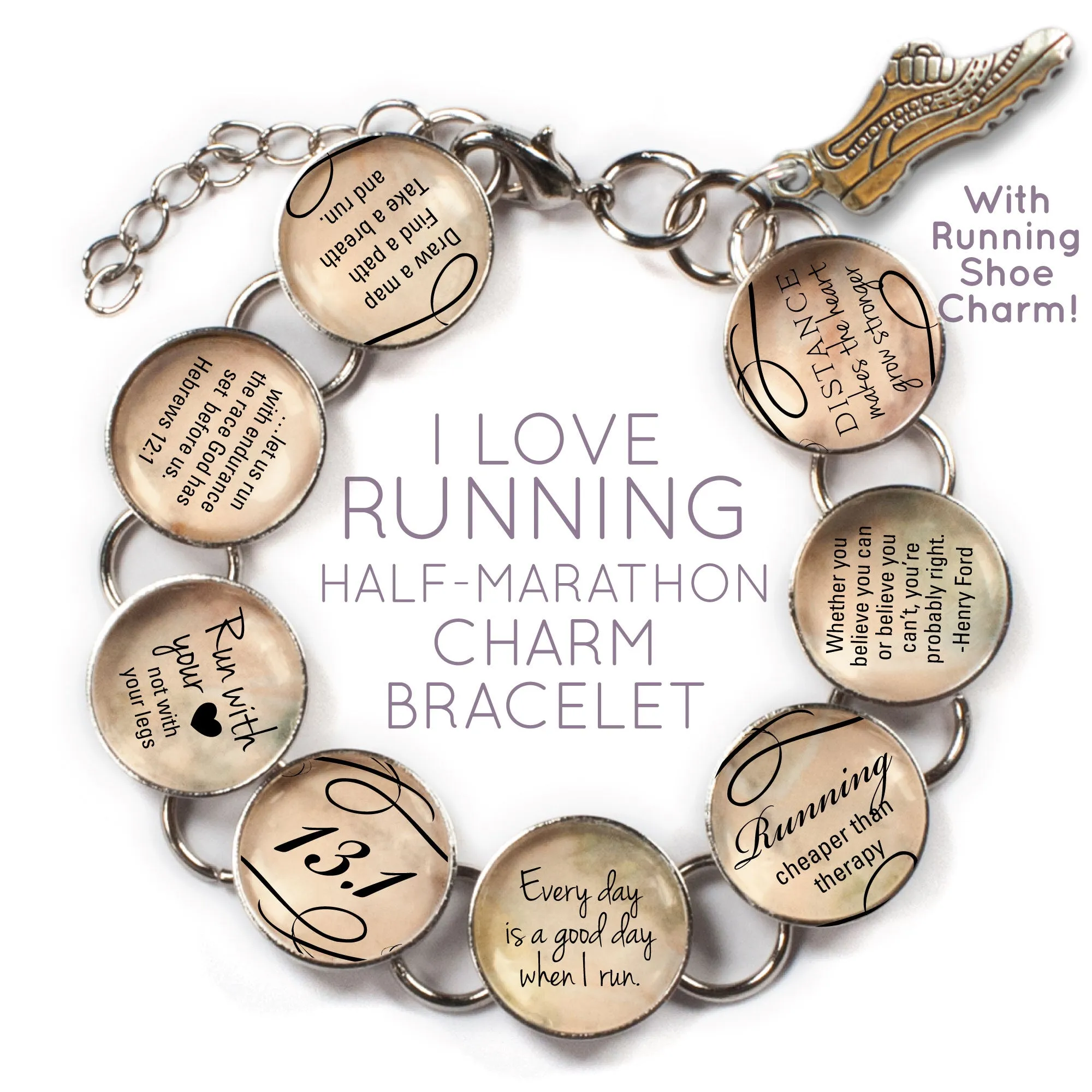 Custom Running Glass Charm Bracelet - Marathon, Half-Marathon, or Running Shoe Charm Included