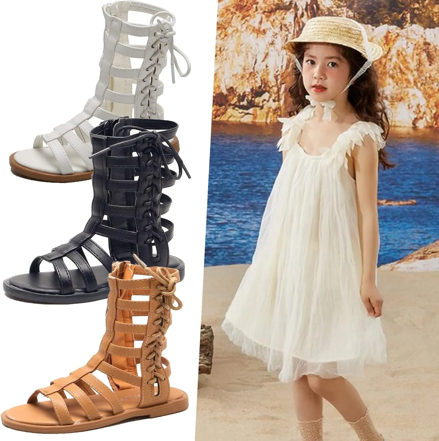 DADAWEN Toddler Girls Sandals Summer Open Toe Strapped Gladiator Sandals With Side Zipper (Toddler/Little Kid)