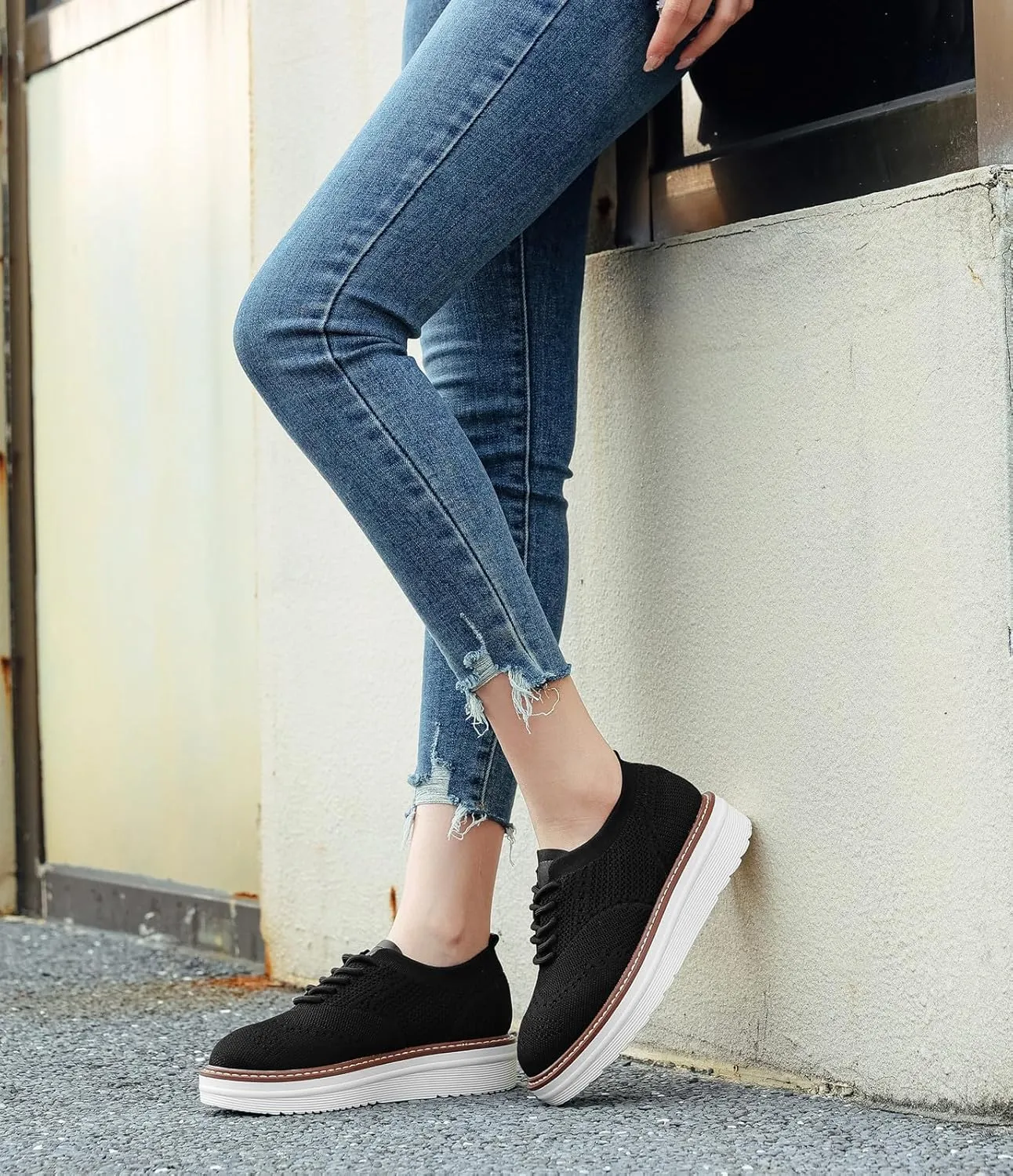 DADAWEN Women's Platform Lace-Up Wingtips Square Toe Oxford Shoes Mesh Breathable Knit Comfort Casual Dressy School Work Dress Shoes