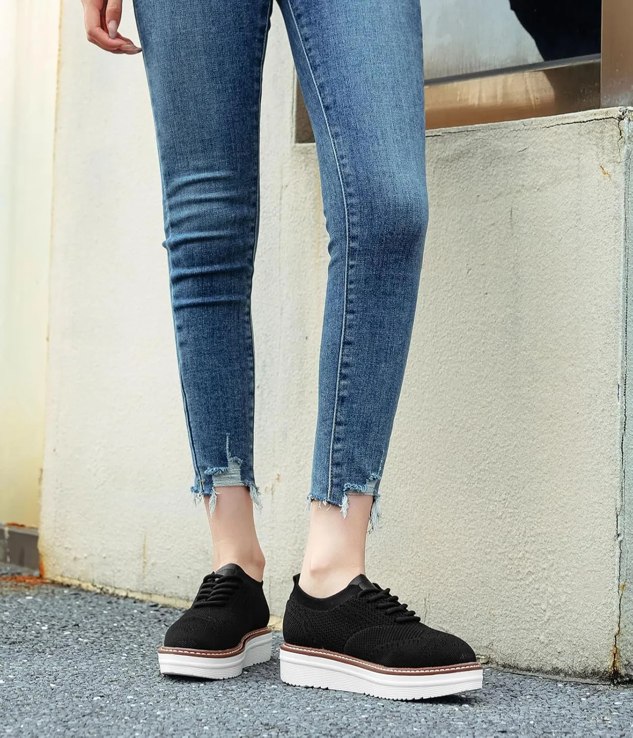 DADAWEN Women's Platform Lace-Up Wingtips Square Toe Oxford Shoes Mesh Breathable Knit Comfort Casual Dressy School Work Dress Shoes