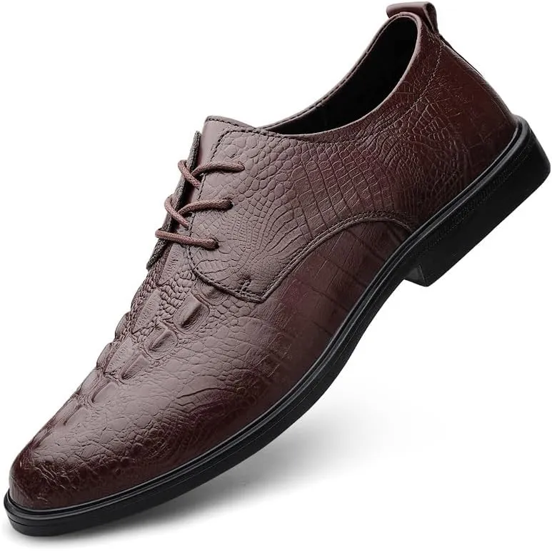 Dress Oxford for Men Lace Up Round Toe Leather Crocodile Print Derby Shoes Non Slip Block Heel Slip Resistant Wedding