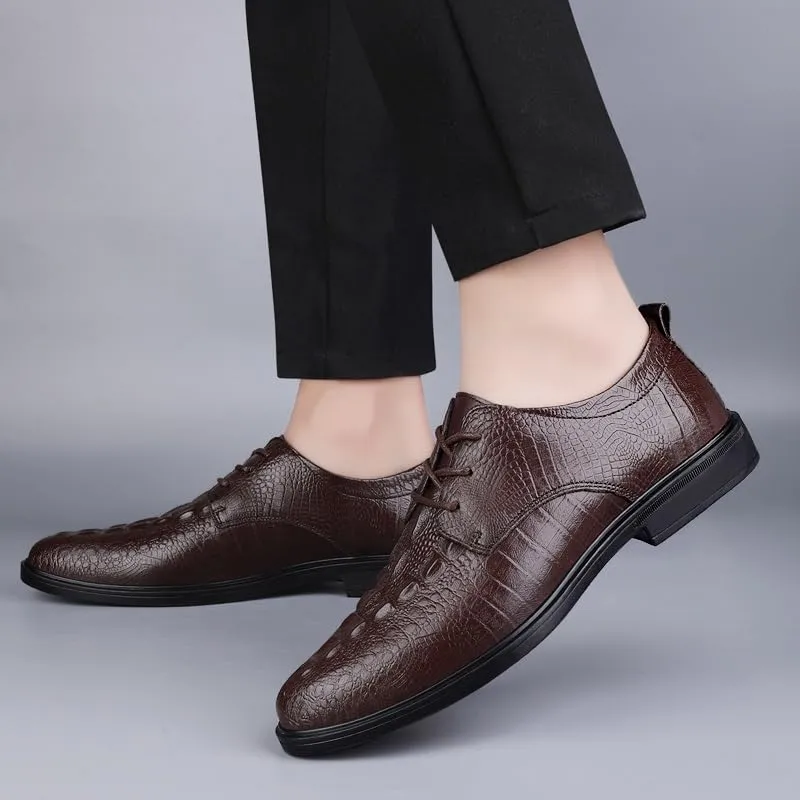 Dress Oxford for Men Lace Up Round Toe Leather Crocodile Print Derby Shoes Non Slip Block Heel Slip Resistant Wedding