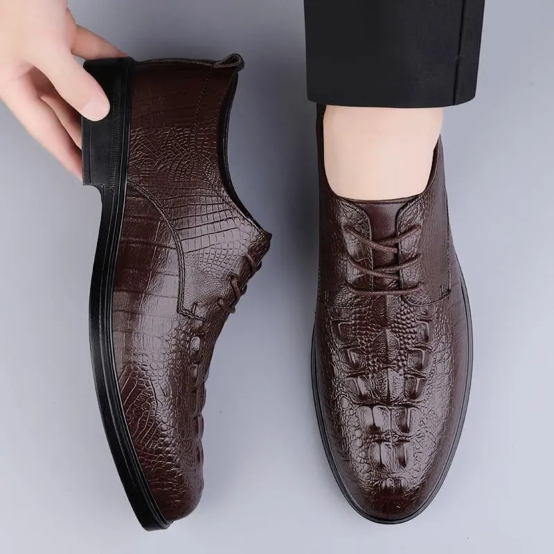 Dress Oxford for Men Lace Up Round Toe Leather Crocodile Print Derby Shoes Non Slip Block Heel Slip Resistant Wedding