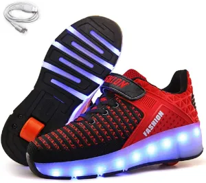 Ehauuo Kids Single Wheels Shoes with Lights Rechargeable Roller Skates Retractable LED Flashing Sneakers Wheels Shoes for Unisex Girls Boys Beginners Gift