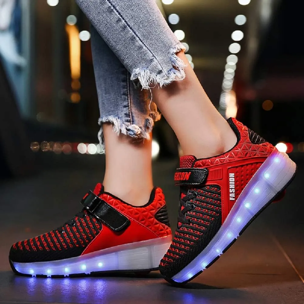 Ehauuo Kids Single Wheels Shoes with Lights Rechargeable Roller Skates Retractable LED Flashing Sneakers Wheels Shoes for Unisex Girls Boys Beginners Gift
