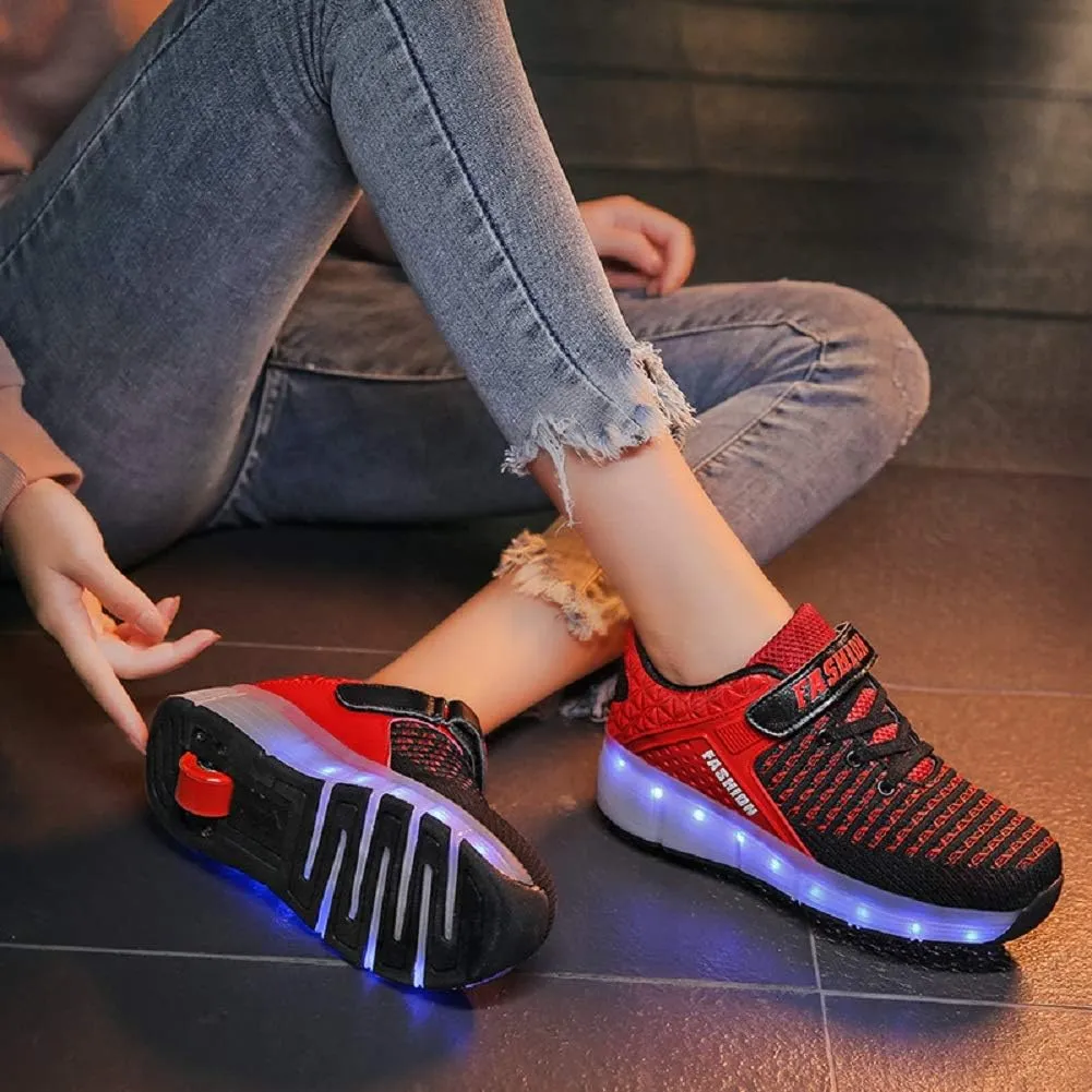 Ehauuo Kids Single Wheels Shoes with Lights Rechargeable Roller Skates Retractable LED Flashing Sneakers Wheels Shoes for Unisex Girls Boys Beginners Gift