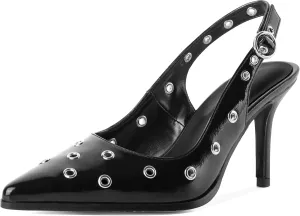 Eldof Women Slingback Heels Studded Eyelet Pointed Toe Slip On Stilettos High Heel Pumps Shoes Dressy 3.5 Inches