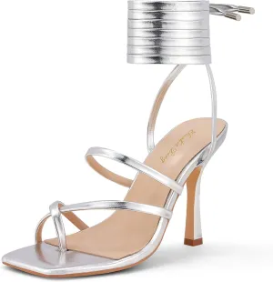 Elisabet Tang Women Sexy Strappy Heeled Sandals,4 inch/10cm Lace Up Square Open Toe Heels Stiletto Thong Sandal Criss-Cross Gladiator High Heel Sandals Shoes