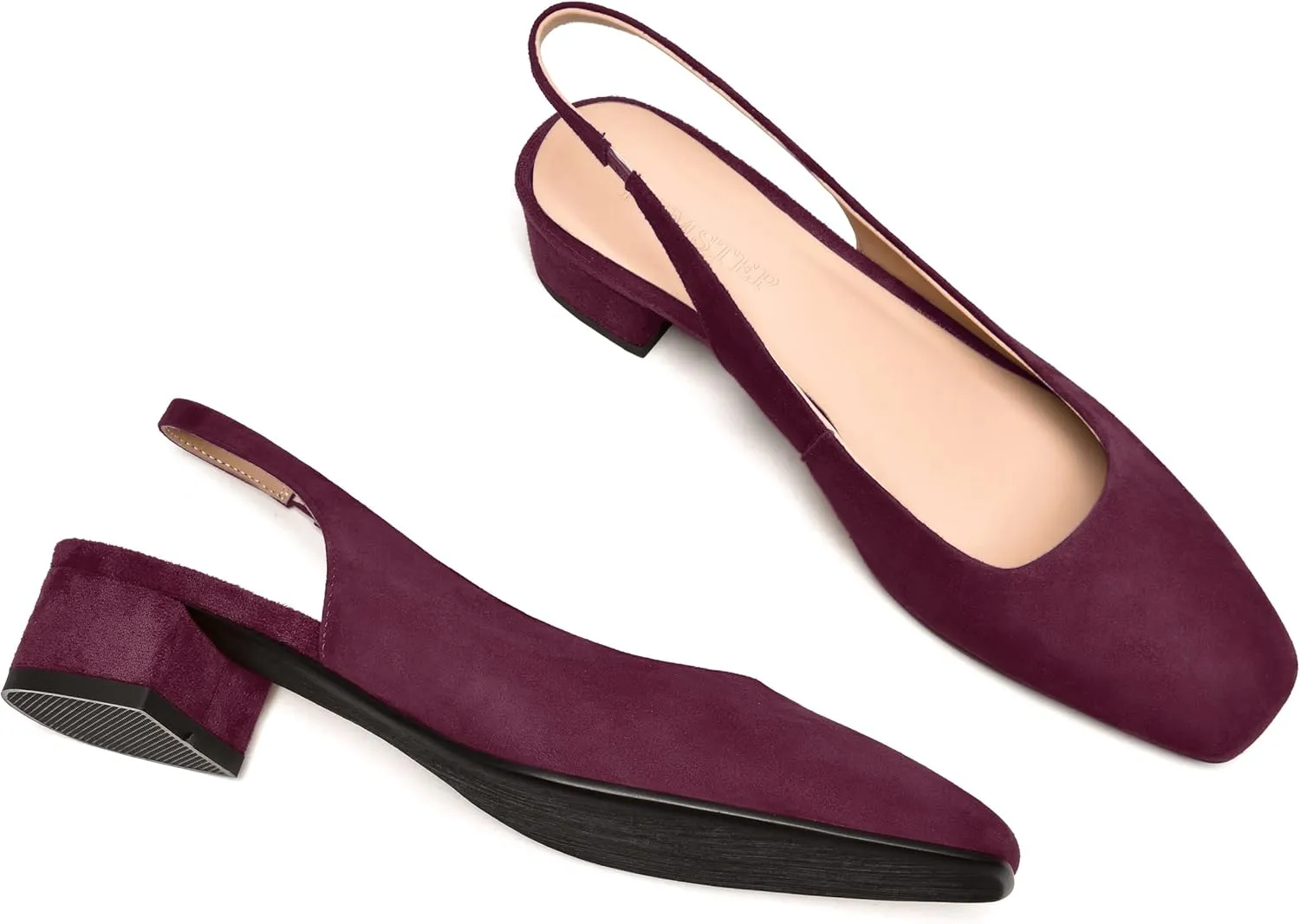 FEMSTEP Womens Dating Sexy Suede Leather Square Toe Slip On Slingback Chunky Low Heel Pumps Shoes 1.5 Inch