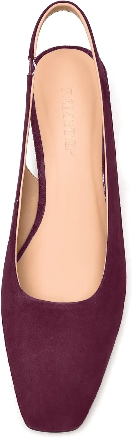 FEMSTEP Womens Dating Sexy Suede Leather Square Toe Slip On Slingback Chunky Low Heel Pumps Shoes 1.5 Inch