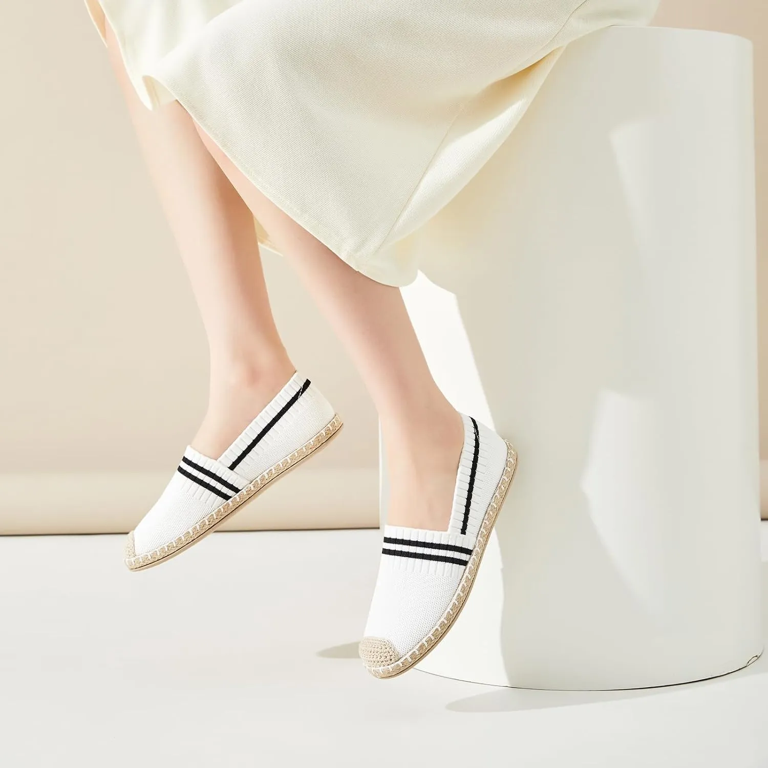 FINIWOR Espadrilles for Women Black Flat Shoes Women White Ballet Loafers Breathable Soft Casual Walking Slip On Shoes Women