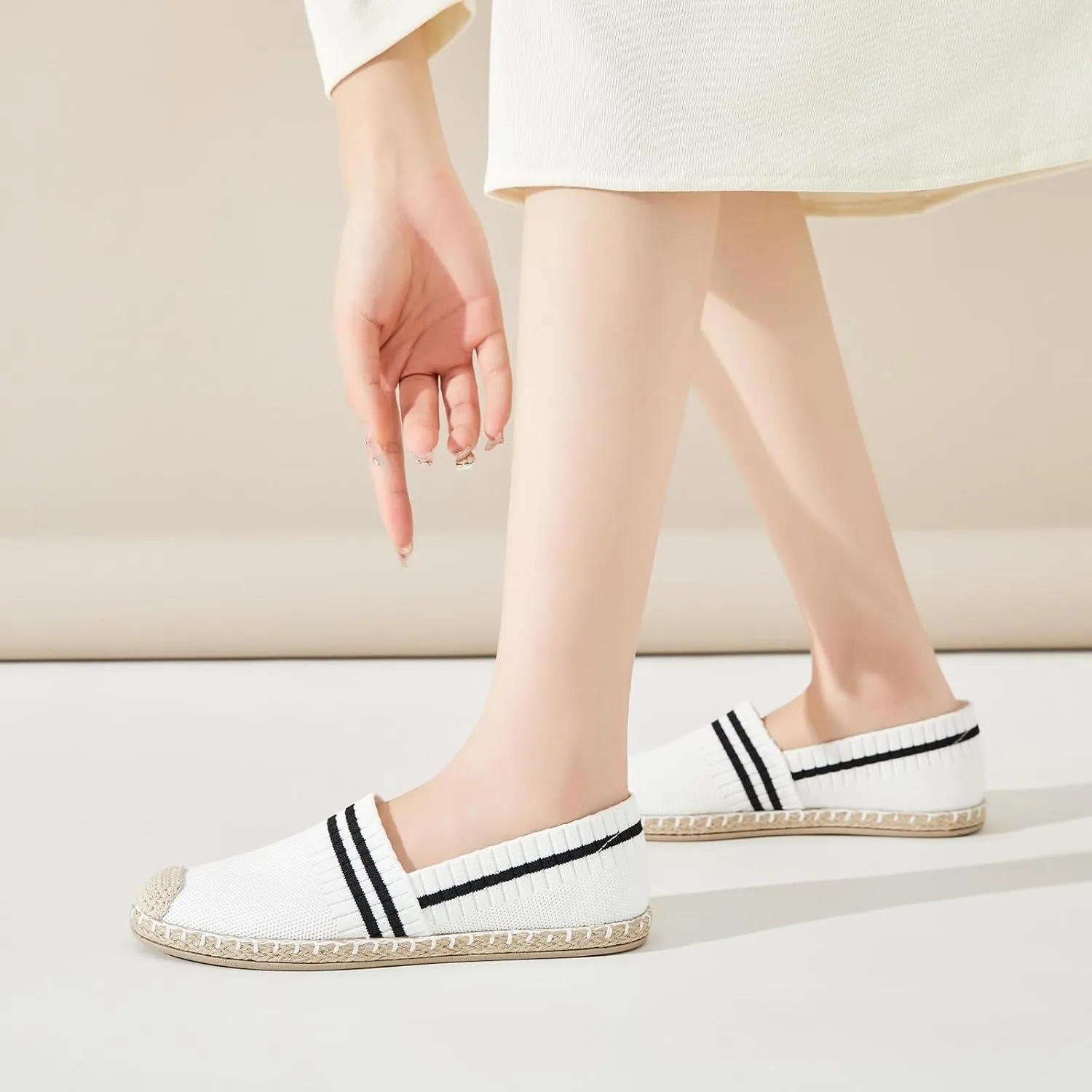 FINIWOR Espadrilles for Women Black Flat Shoes Women White Ballet Loafers Breathable Soft Casual Walking Slip On Shoes Women