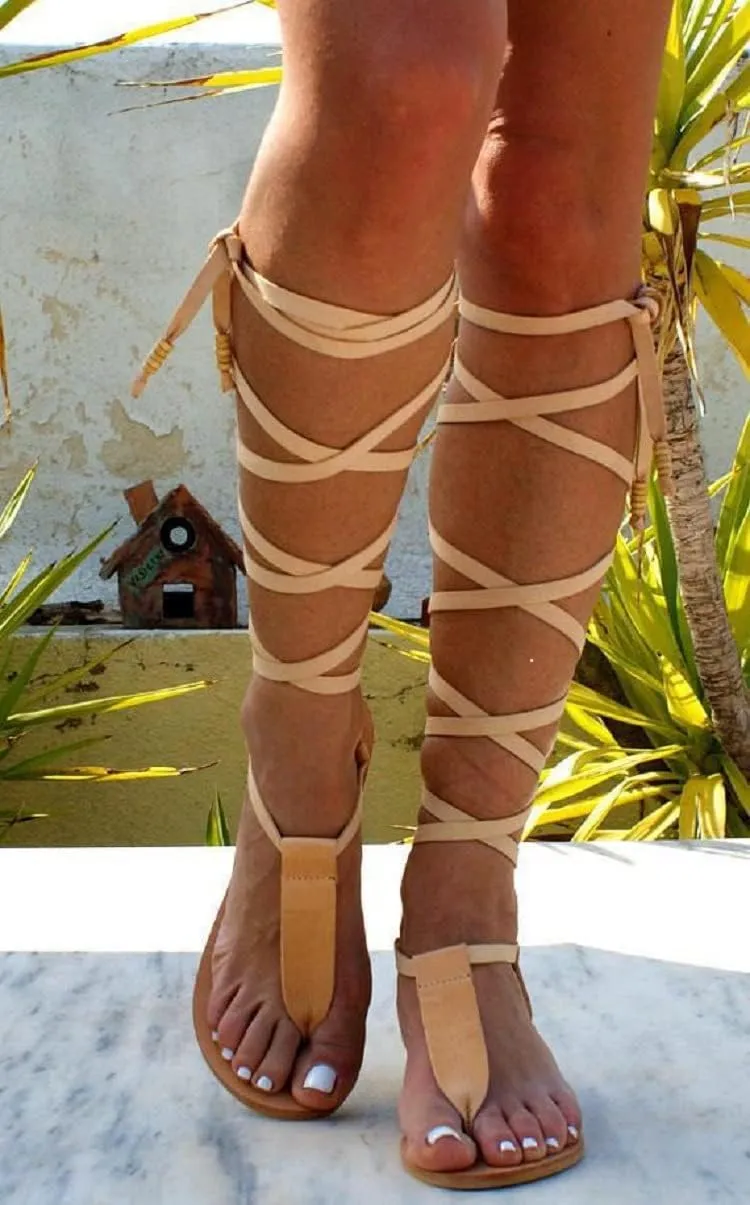 Flat Knee High Gladiator Sandals for Women Dressy Summer Strappy Lace Up Thong Flip Flops Rome Bohemia Sexy Bandage Sandals