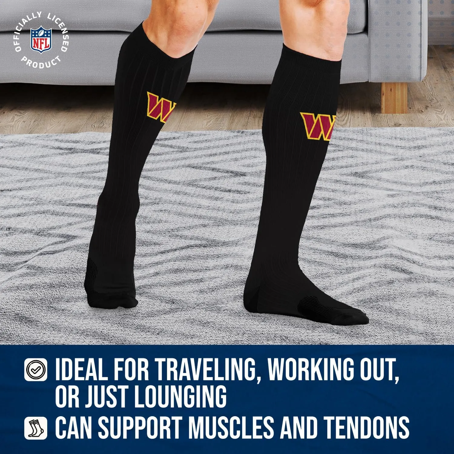 For Bare Feet NFL Adult Knee High-Performance Socks, All Black, Unisex Design, Recovery Wellness Exercise Accessory