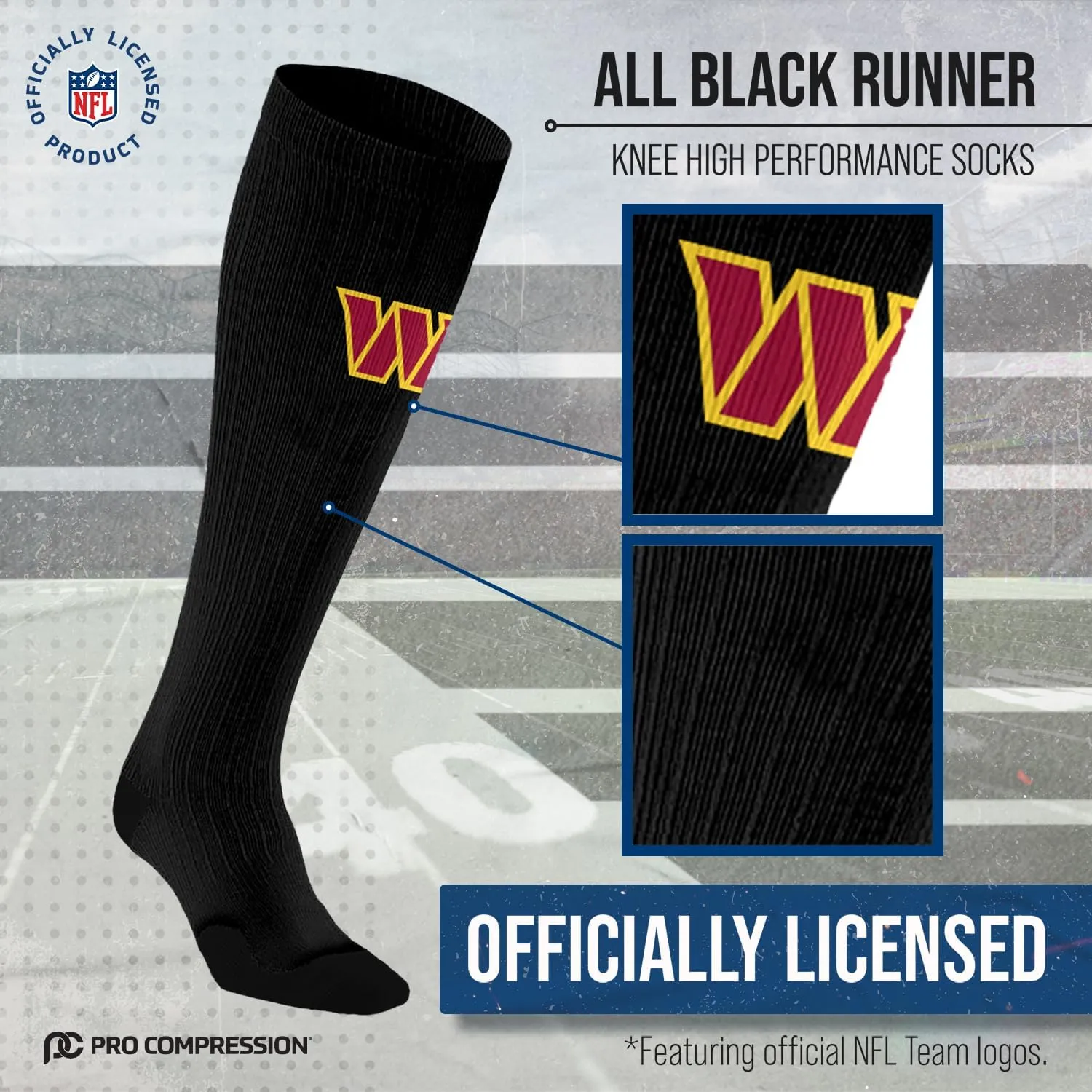 For Bare Feet NFL Adult Knee High-Performance Socks, All Black, Unisex Design, Recovery Wellness Exercise Accessory