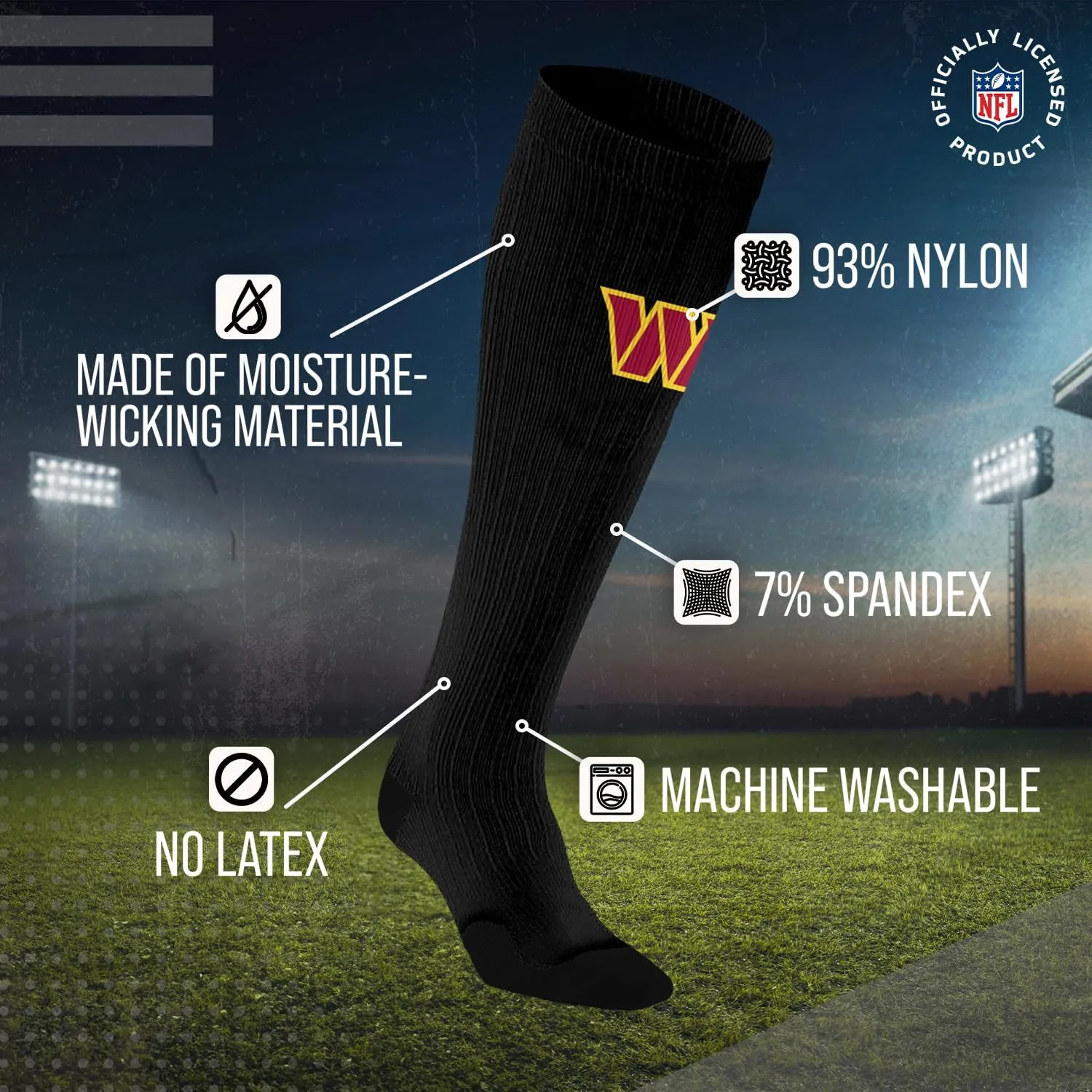 For Bare Feet NFL Adult Knee High-Performance Socks, All Black, Unisex Design, Recovery Wellness Exercise Accessory