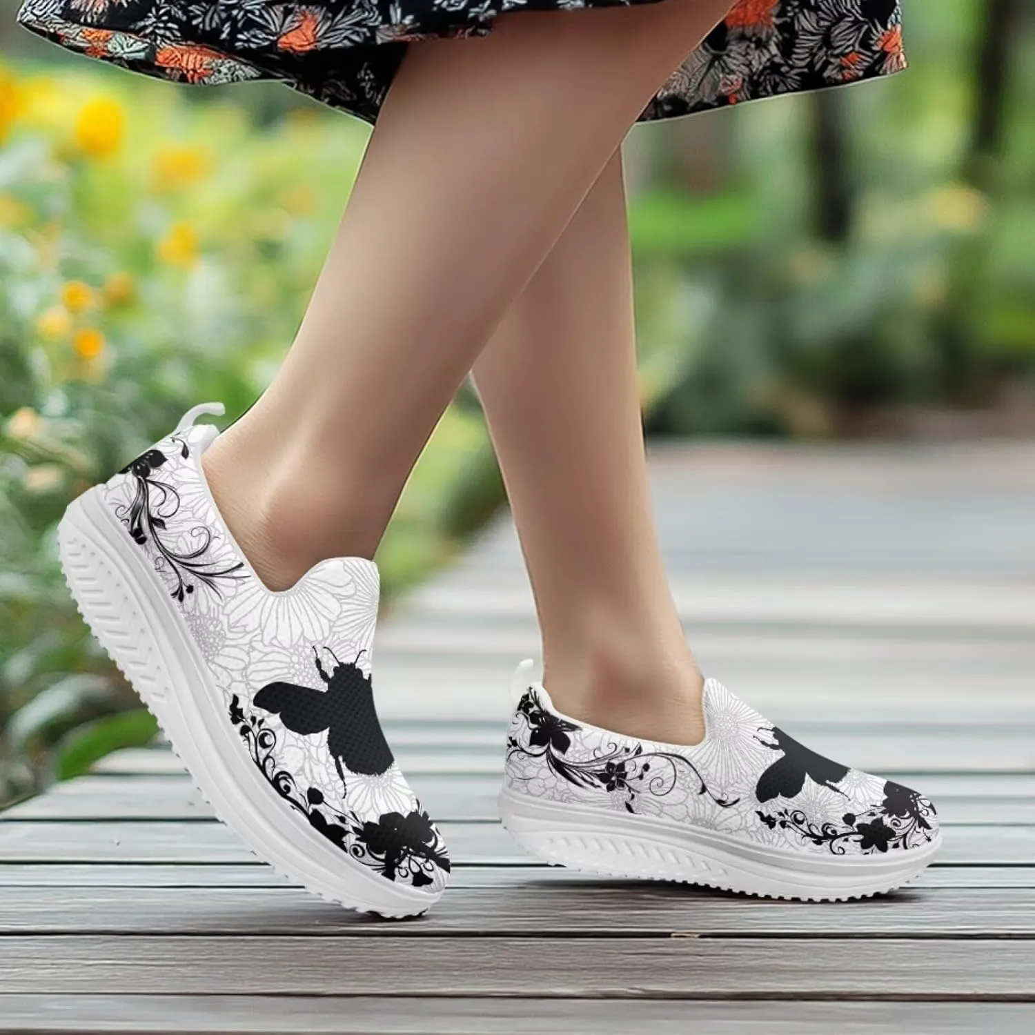 Forchrinse Womens Sneakers Slip On Wedges Shoes Comfortable Low Top Walking Shoes Breathable Thick Rocker Bottom Shoe
