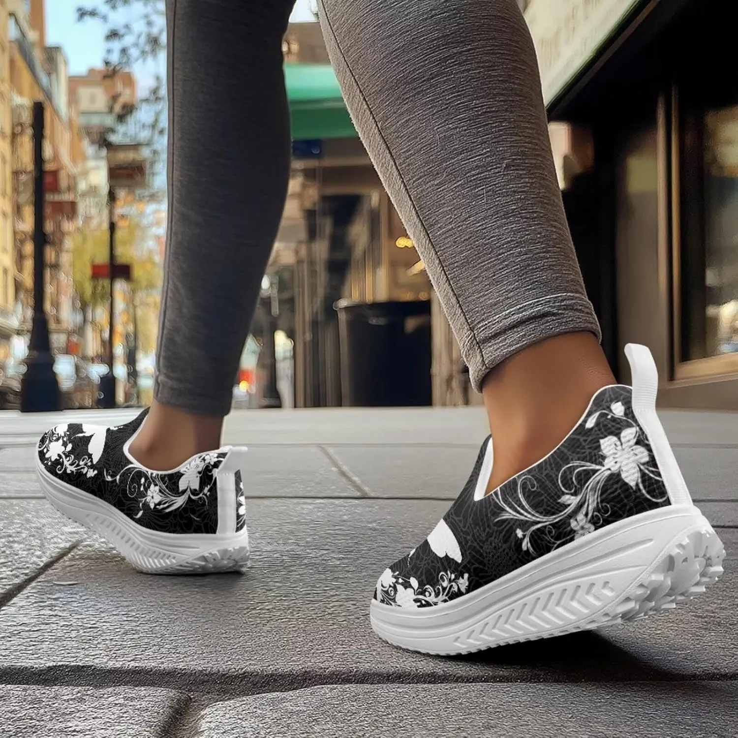 Forchrinse Womens Sneakers Slip On Wedges Shoes Comfortable Low Top Walking Shoes Breathable Thick Rocker Bottom Shoe