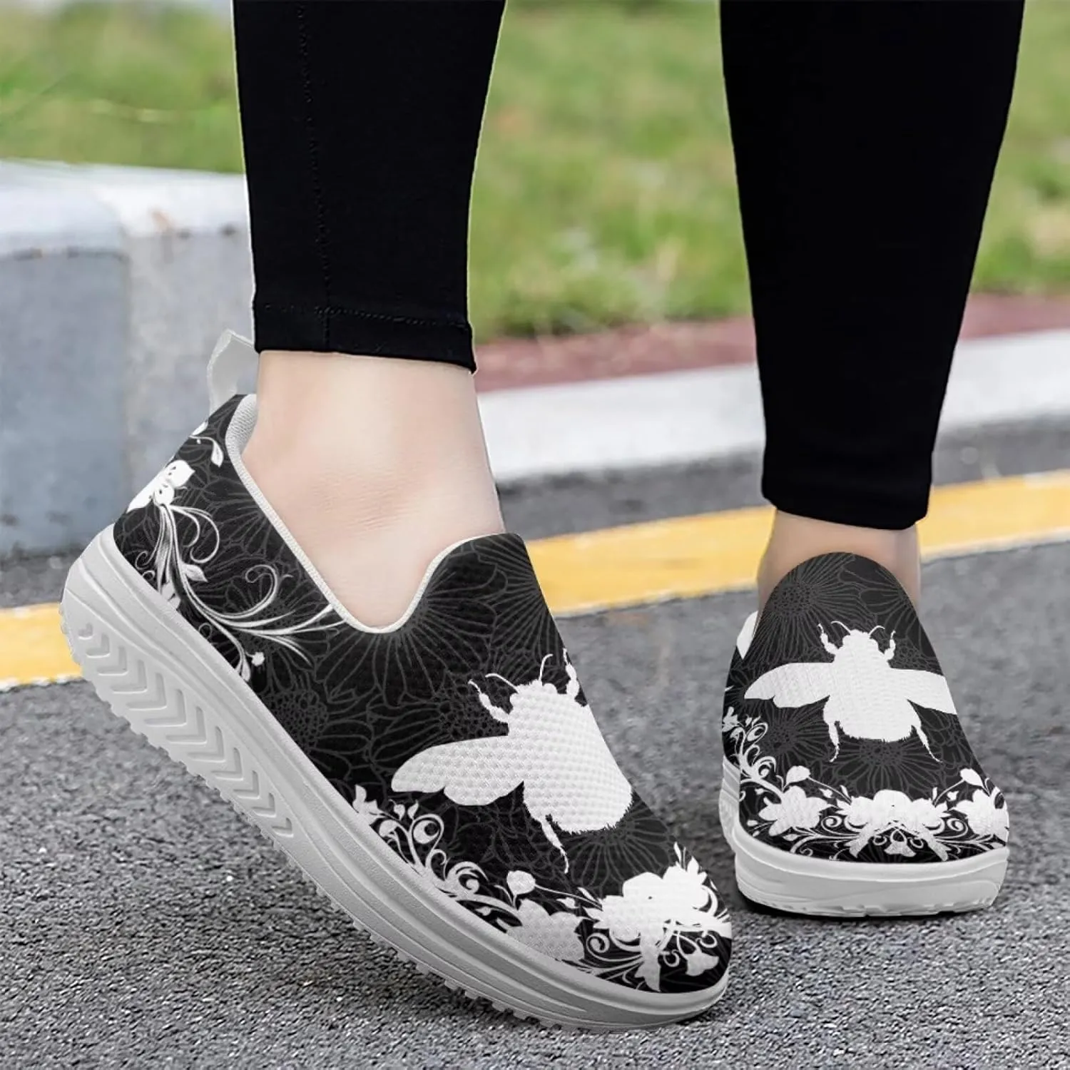 Forchrinse Womens Sneakers Slip On Wedges Shoes Comfortable Low Top Walking Shoes Breathable Thick Rocker Bottom Shoe
