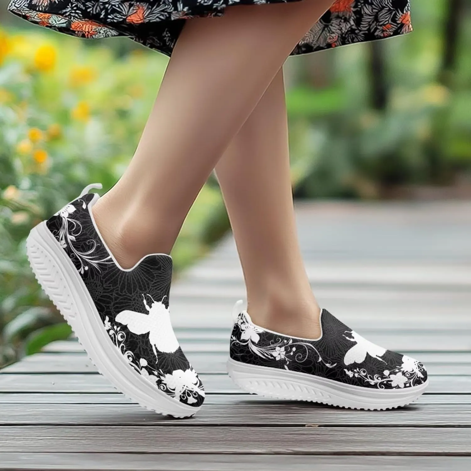 Forchrinse Womens Sneakers Slip On Wedges Shoes Comfortable Low Top Walking Shoes Breathable Thick Rocker Bottom Shoe
