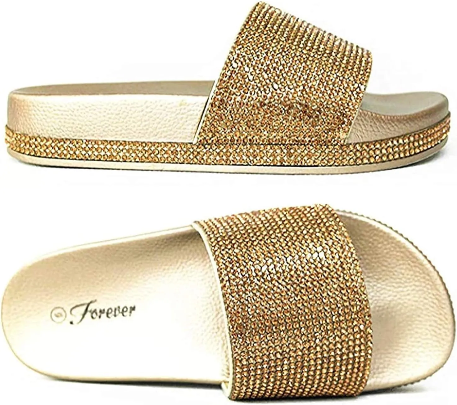 Forever Link Viste-07 Rhinestone Glitter Slide Slip On Flatform Footbed Sandal Slippers, 6, Gold