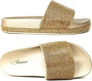 Forever Link Viste-07 Rhinestone Glitter Slide Slip On Flatform Footbed Sandal Slippers, 6, Gold