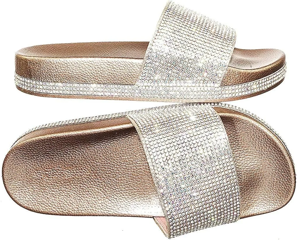 Forever Link Viste-07 Rhinestone Glitter Slide Slip On Flatform Footbed Sandal Slippers, Rose Gold-07, 5.5
