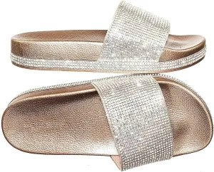 Forever Link Viste-07 Rhinestone Glitter Slide Slip On Flatform Footbed Sandal Slippers, Rose Gold-07, 5.5