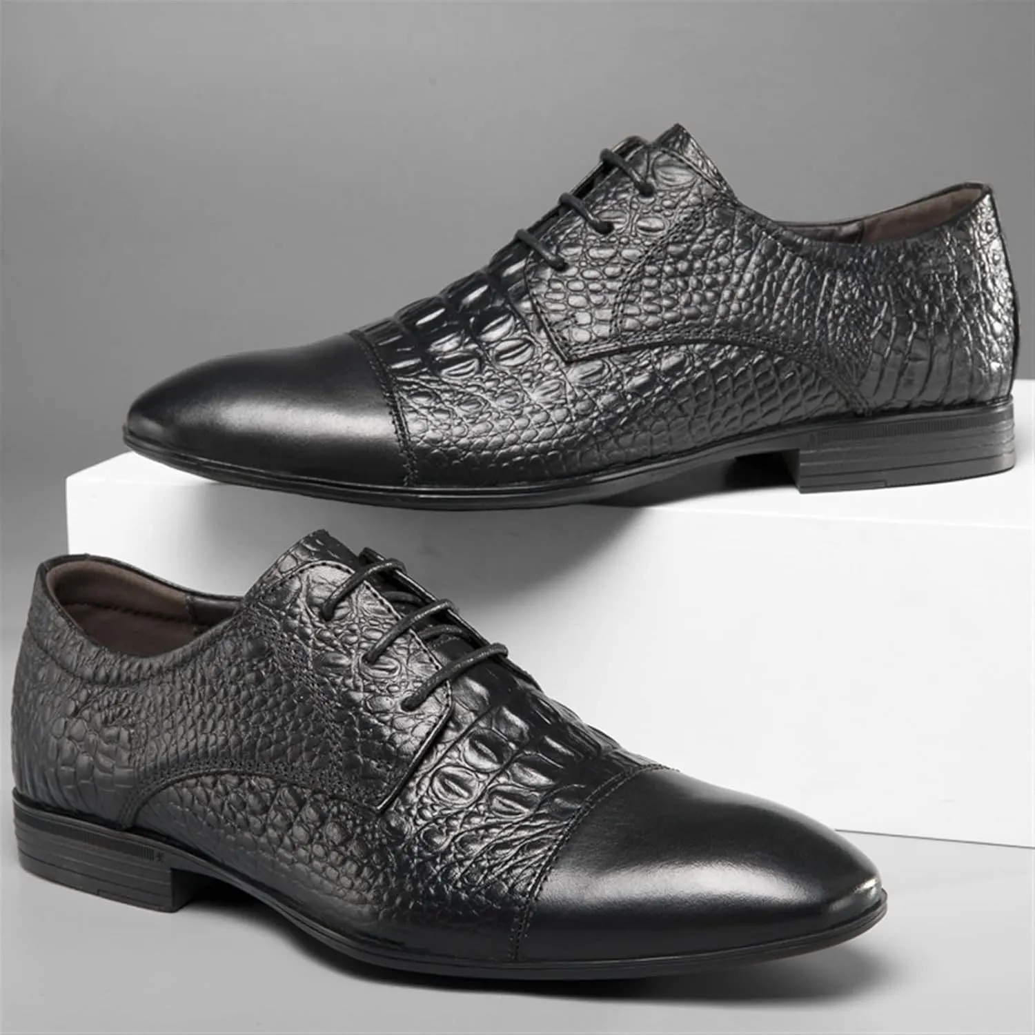 Formal Dress Shoes for Men Lace Up Cap Toe Crocodile Embossed Derby Shoes Leather Non Slip Rubber Sole Anti-Slip Prom Suitable for Many Occasions.