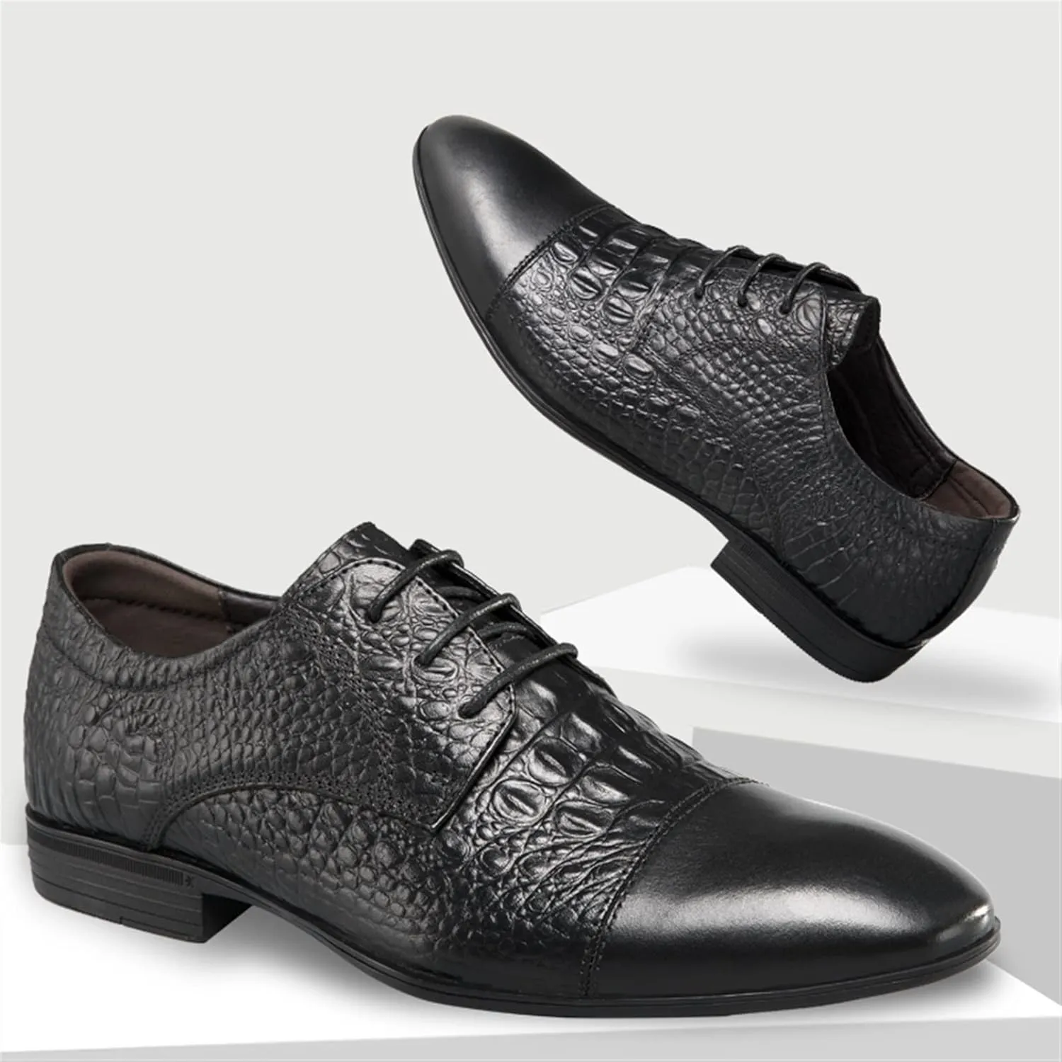 Formal Dress Shoes for Men Lace Up Cap Toe Crocodile Embossed Derby Shoes Leather Non Slip Rubber Sole Anti-Slip Prom Suitable for Many Occasions.