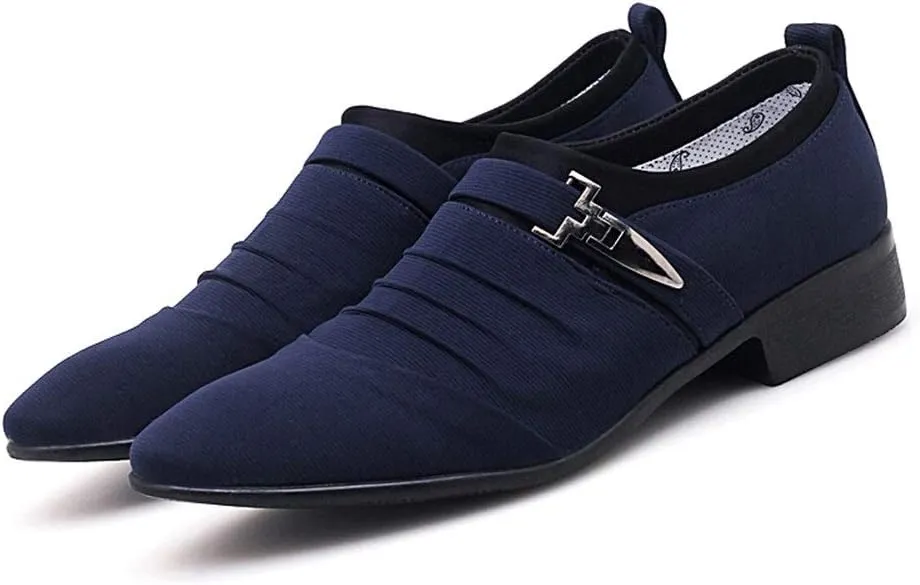 Formal Shoes for Men Slip On Pointed Cap Toe Pleated Canvas Block Heel Anti-Slip Rubber Sole Working