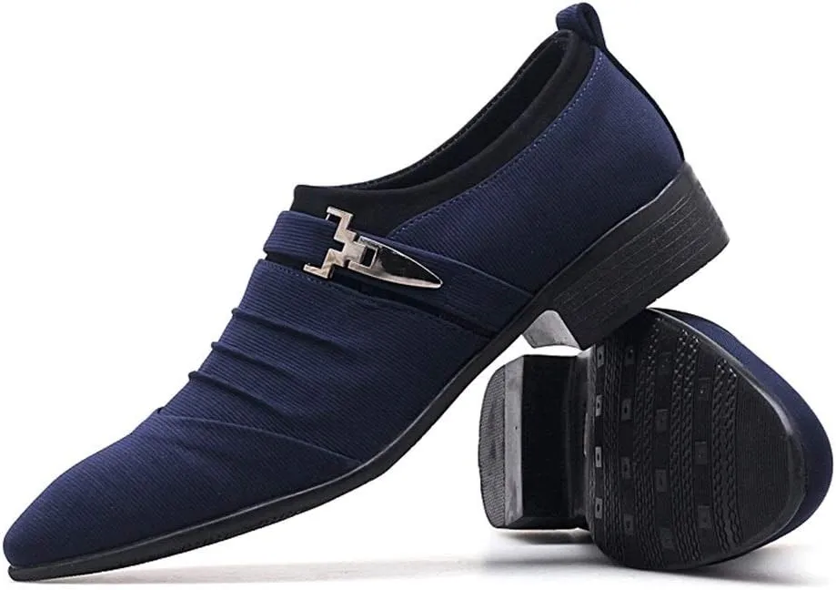 Formal Shoes for Men Slip On Pointed Cap Toe Pleated Canvas Block Heel Anti-Slip Rubber Sole Working