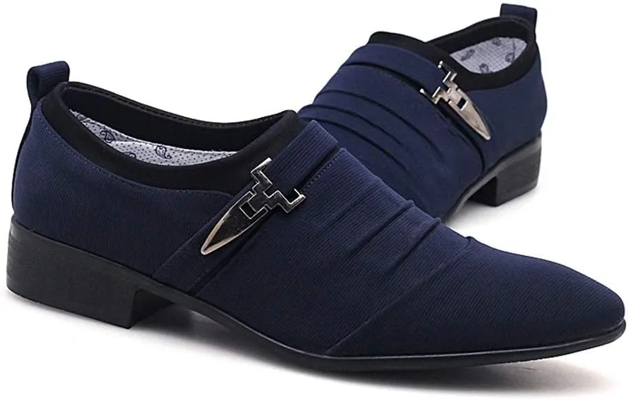 Formal Shoes for Men Slip On Pointed Cap Toe Pleated Canvas Block Heel Anti-Slip Rubber Sole Working